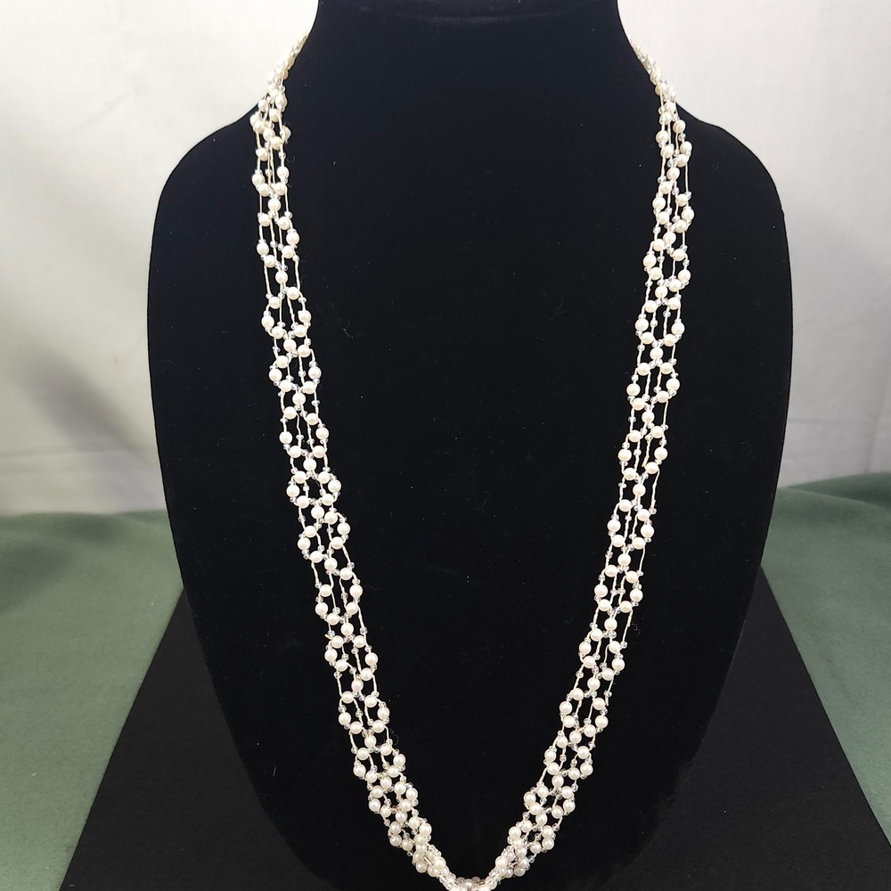 Multi Strand Faux Pearl Necklace Braided Clear Bead Accent Stretch